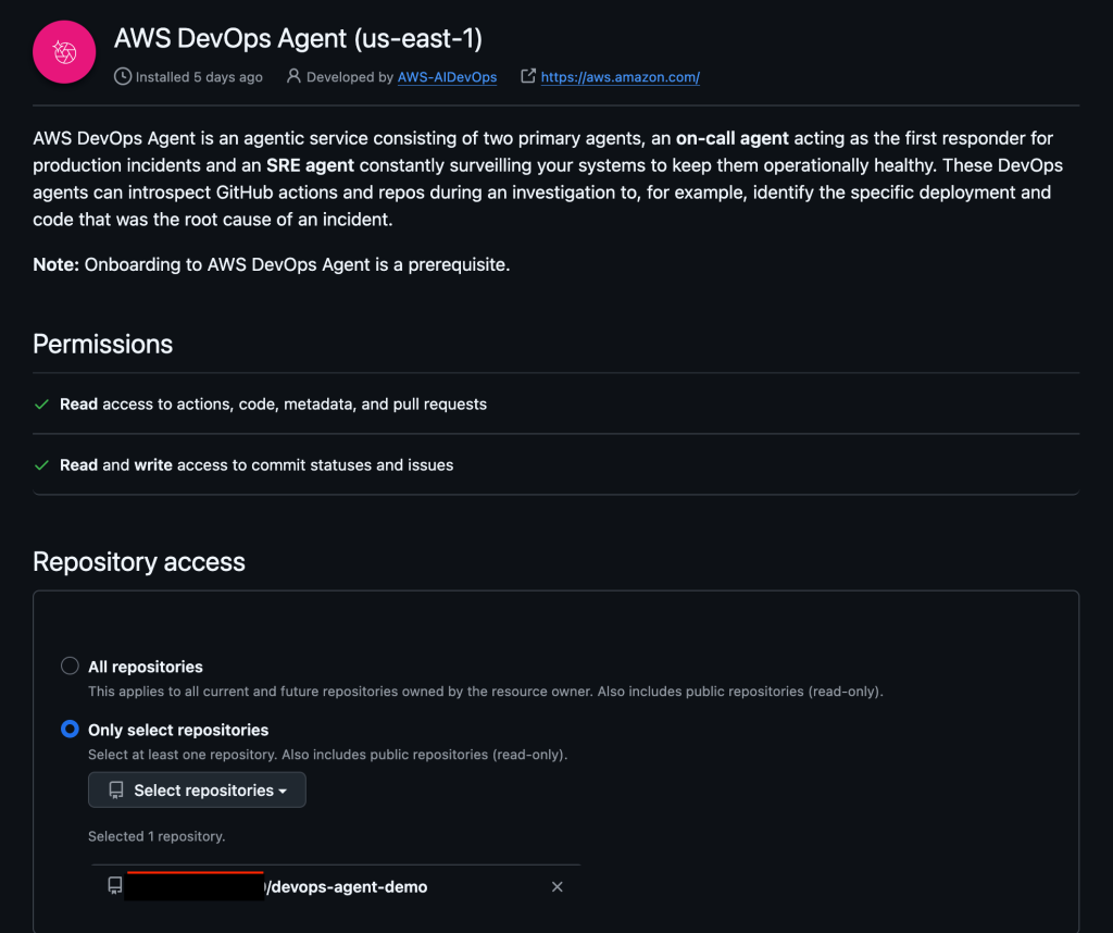 Screenshot of GitHub AWS DevOps Agent installation page showing repository access permissions with All repositories and Only select repositories options.